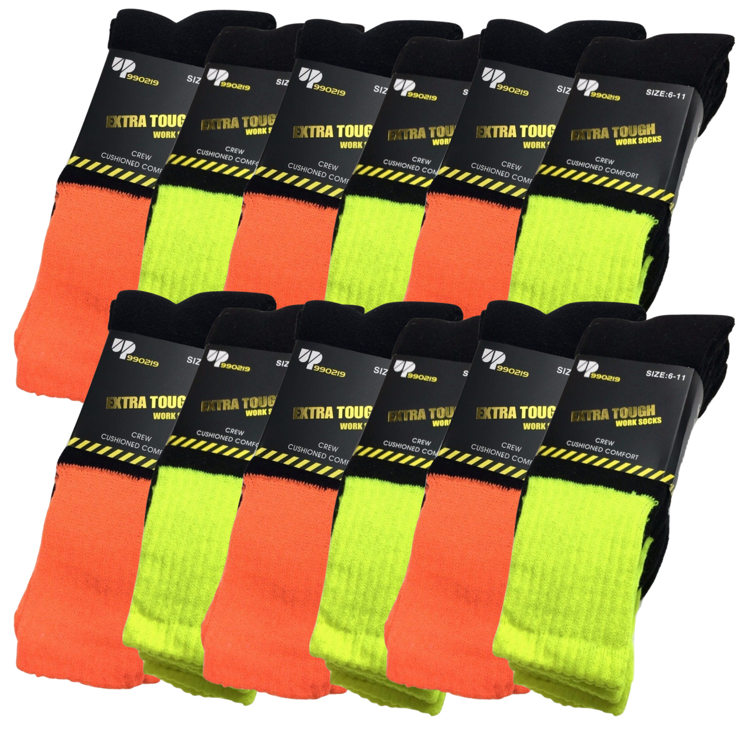 12x Pairs Hi Vis Work Socks Fluro Mixed Pack - Size 6-11