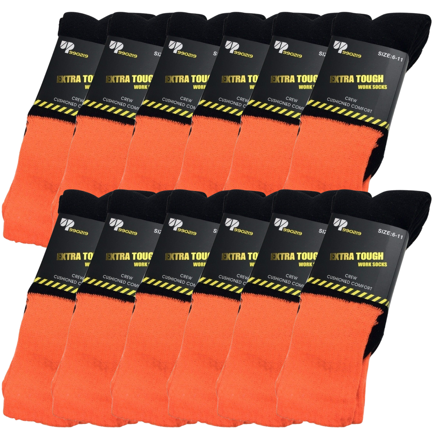 12x Pairs Hi Vis Work Socks Fluro Orange - Size 6-11