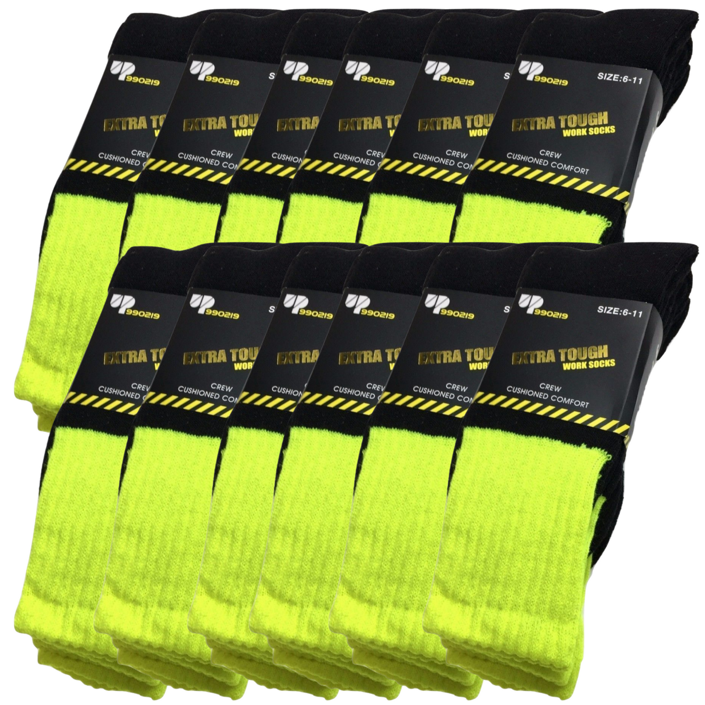 12x Pairs Hi Vis Work Socks Fluro Yellow - Size 6-11