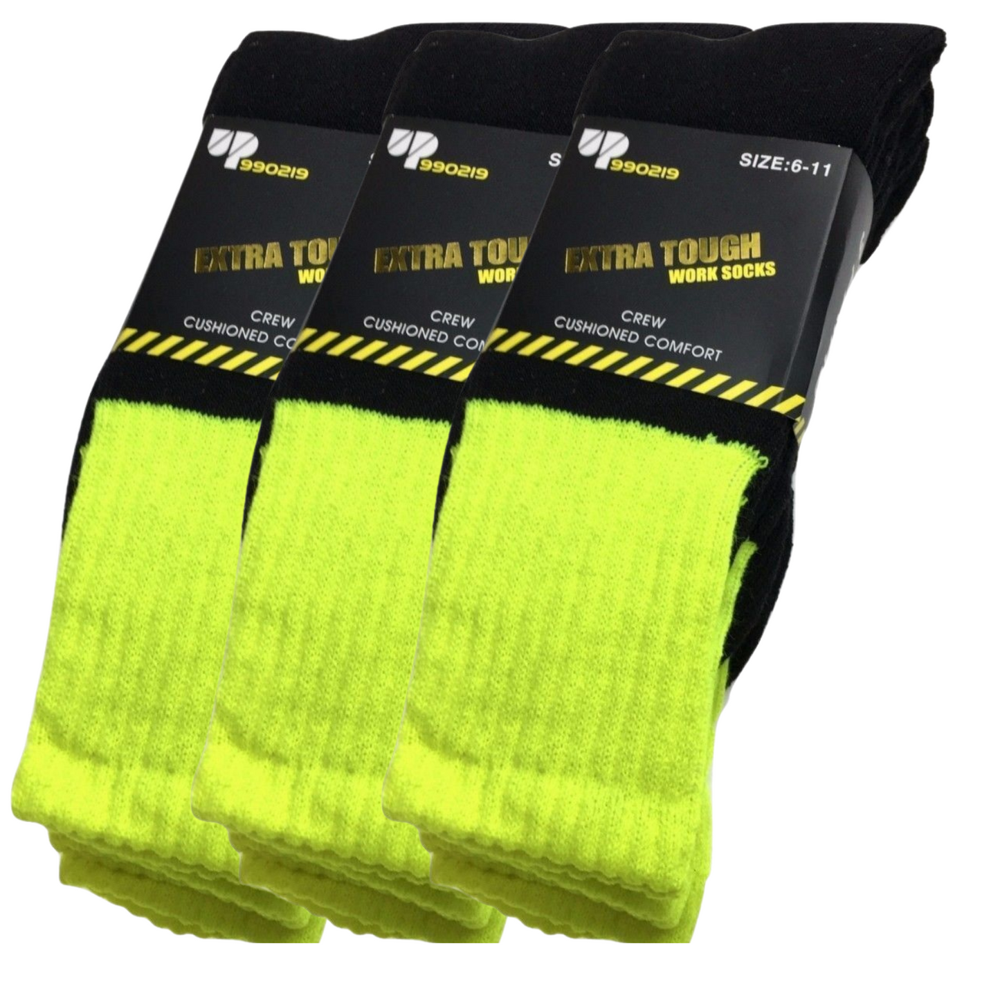 3x Pairs Hi Vis Work Socks Fluro Yellow - Size 11-14