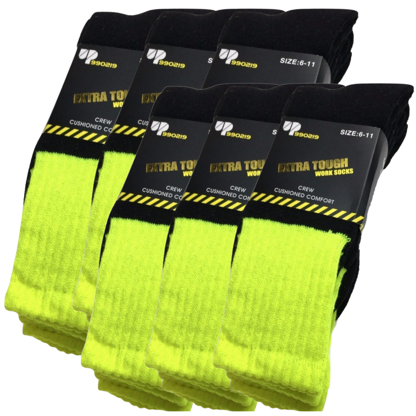 6x Pairs Hi Vis Work Socks Fluro Yellow - Size 11-14