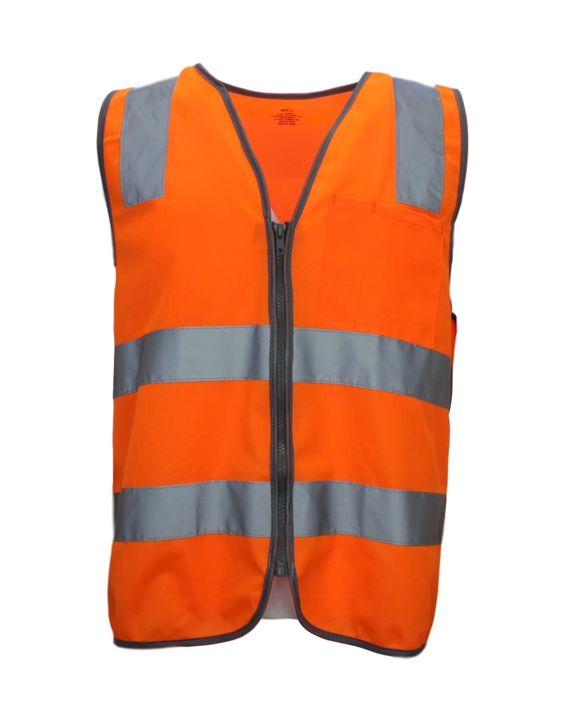 Hi Vis Safety Vest Reflective Tape Zip Up Workwear Pocket High Visibility in Orange