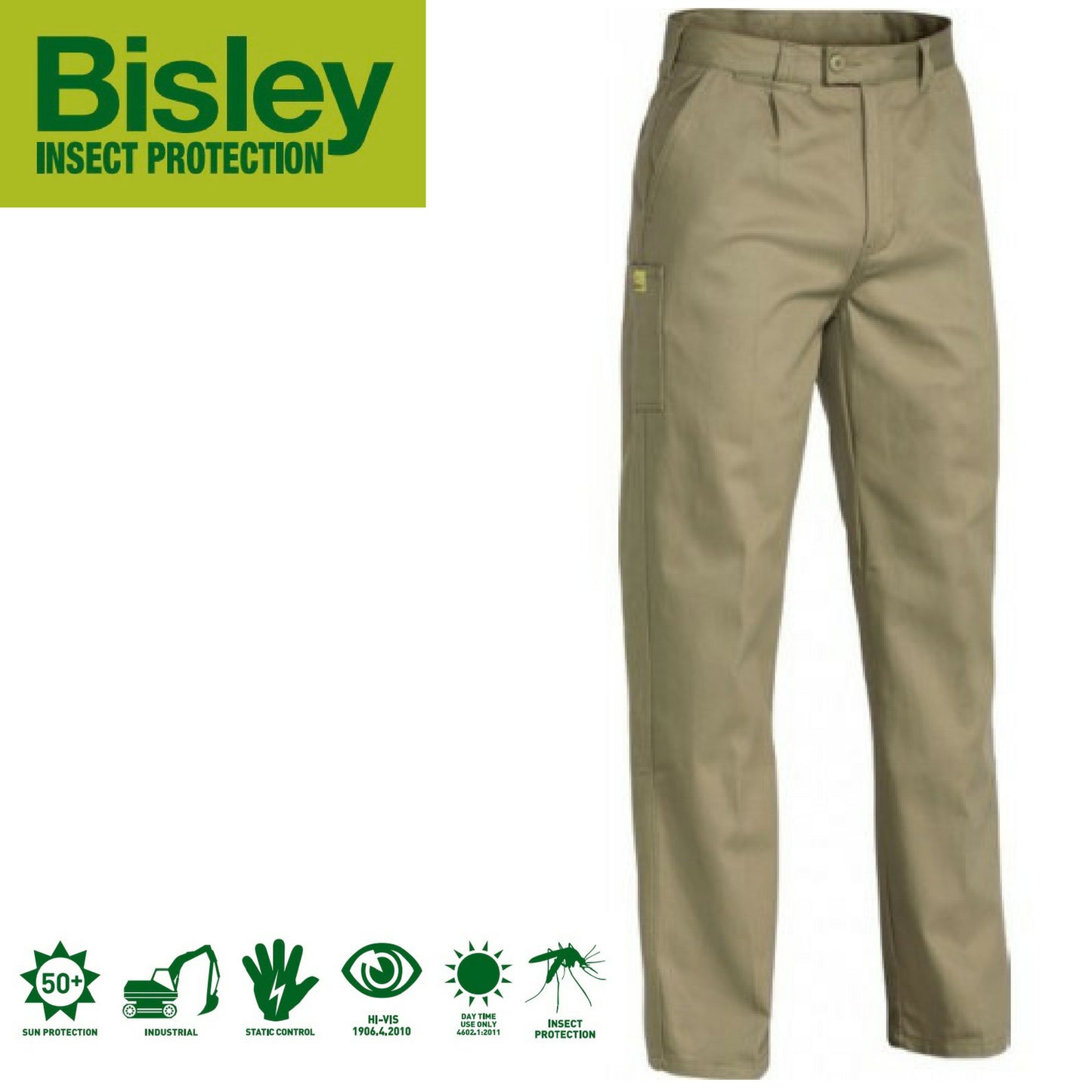 Bisley Men's Insect Protection Drill Work Pants - Khaki - Size 82R
