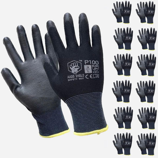 P-100 PU Coated Work Safety Gloves General Purpose Mechanic Hand Protection 12 PAIRS