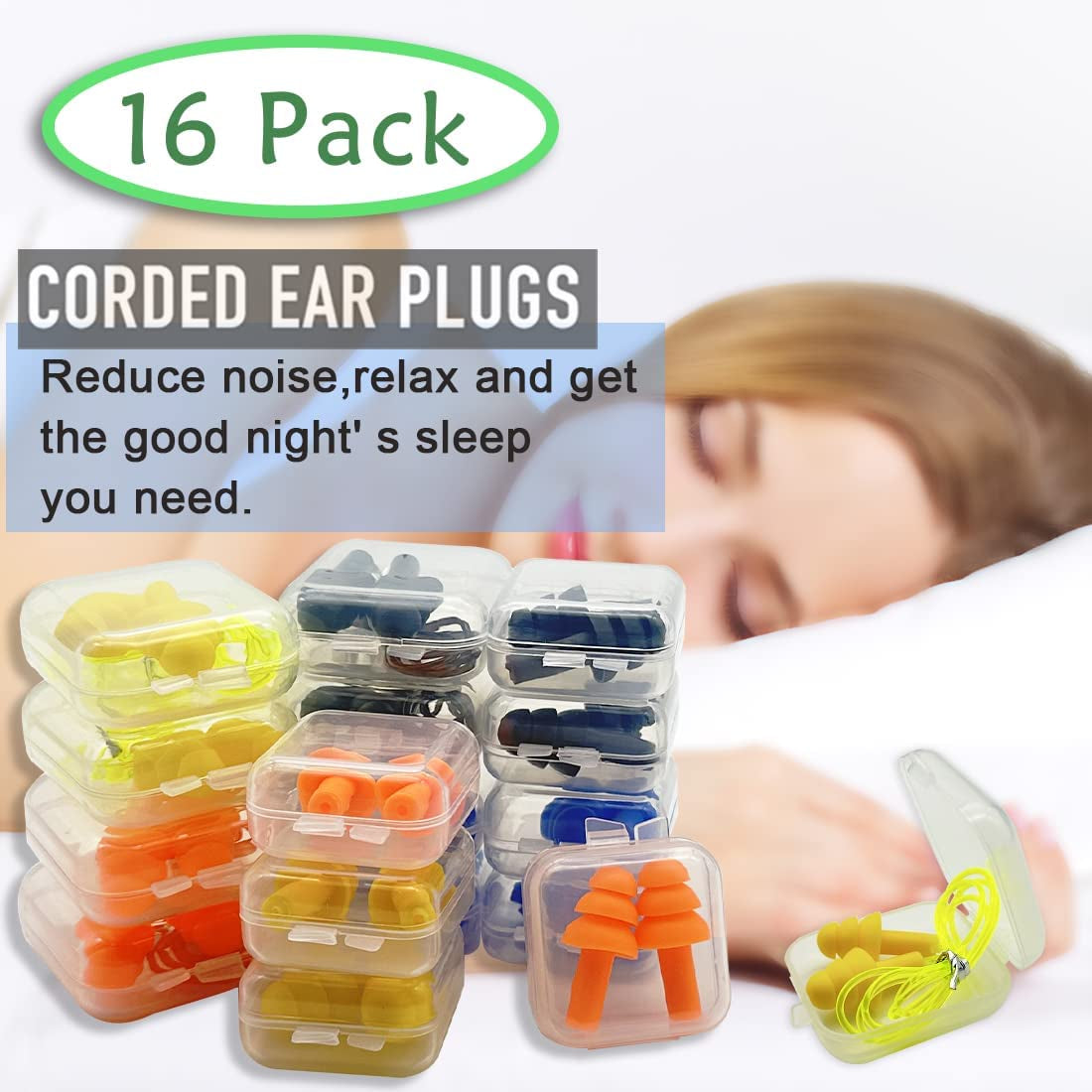 Ear Plugs for Sleeping,16 Pairs Noise Canceling Ear Plugs Soft Reusable Silicone Earplugs Waterproof Noise Reduction Earplugs for Concert,Swimming,Study,Loud Noise,Snoring