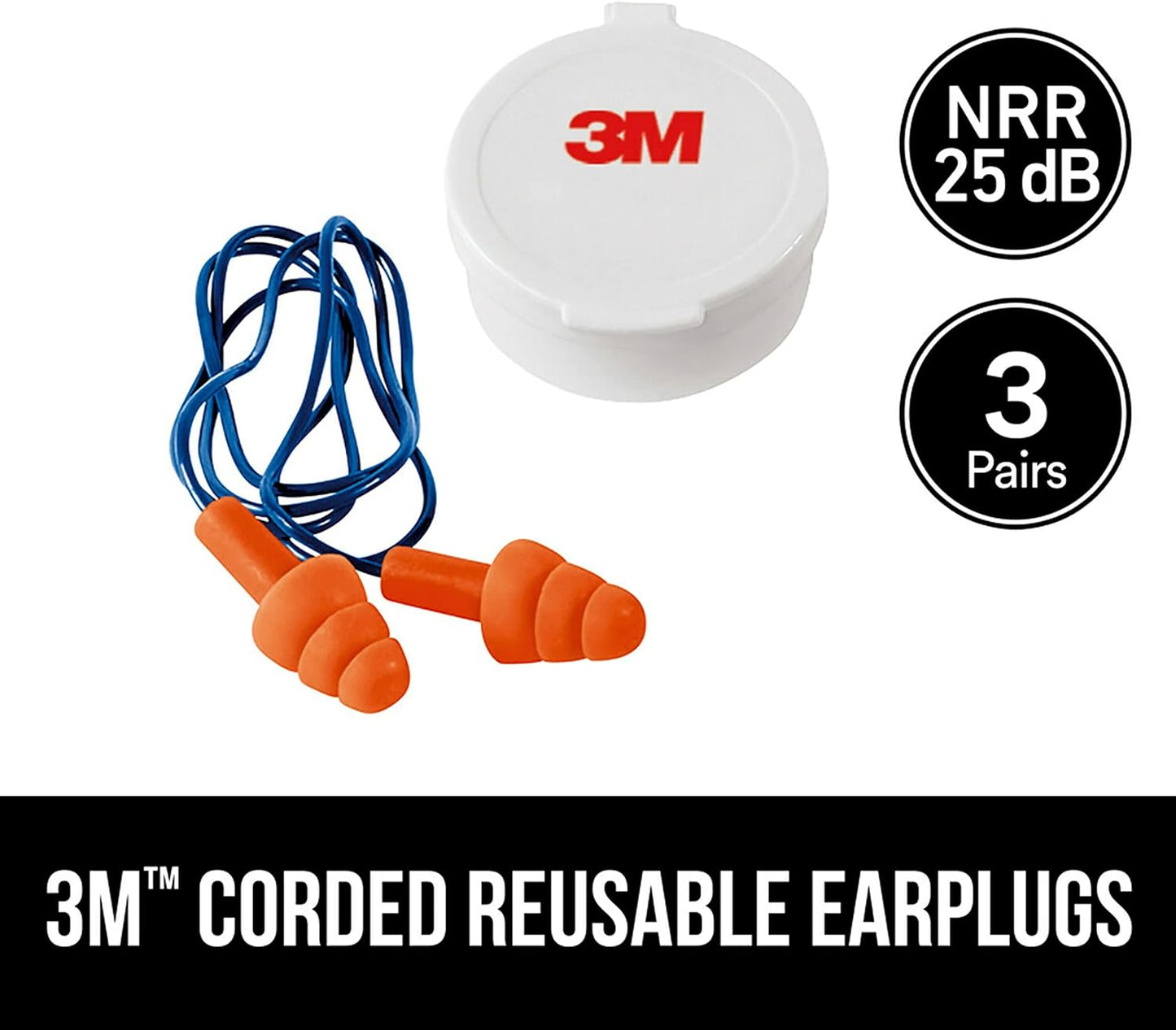 90716-80025T Corded Reusable Earplug, 3-Pair with Case