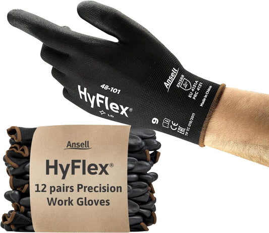 Hyflex 48-101 Thin Work Gloves, Stretch Fit Nylon Liner with Flexible PU Coating, Lightweight Safety Gloves for Precision Handling, DIY and Mechanics, Black, Size L (12 Pairs)