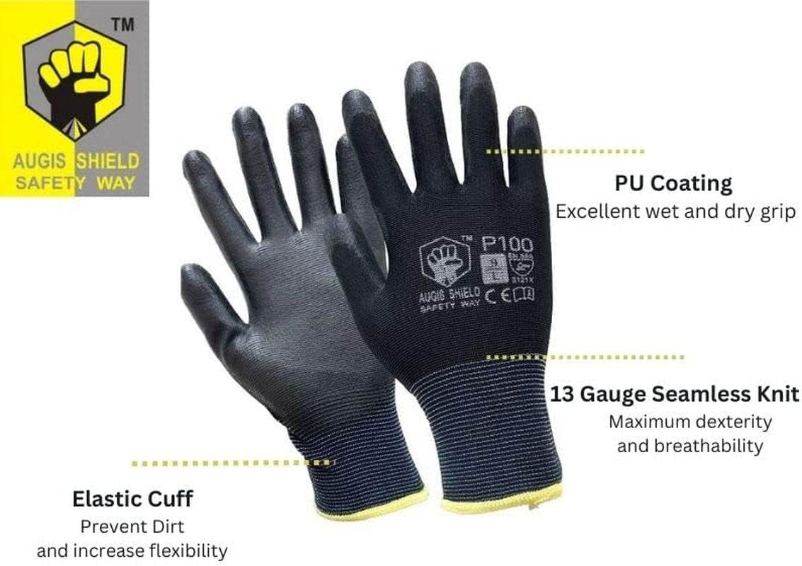 P-100 PU Coated Work Safety Gloves General Purpose Mechanic Hand Protection 12 PAIRS