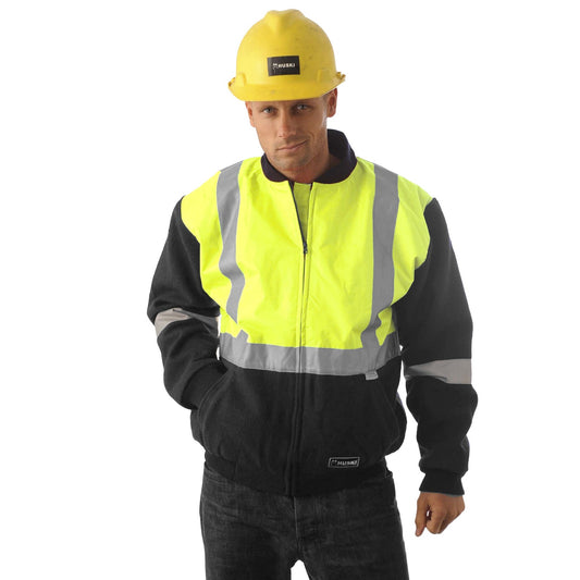 HUSKI Site Mens Hi Vis Wool Blend Bomber Jacket 3M Reflective Tape High Visibility - Yellow/Navy - 4XL