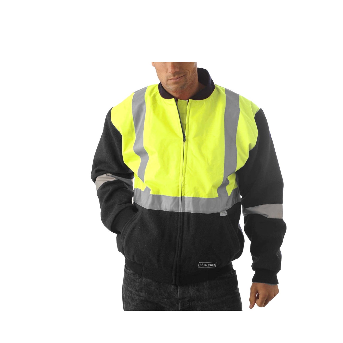 HUSKI Site Mens Hi Vis Wool Blend Bomber Jacket 3M Reflective Tape High Visibility - Yellow/Navy - 4XL