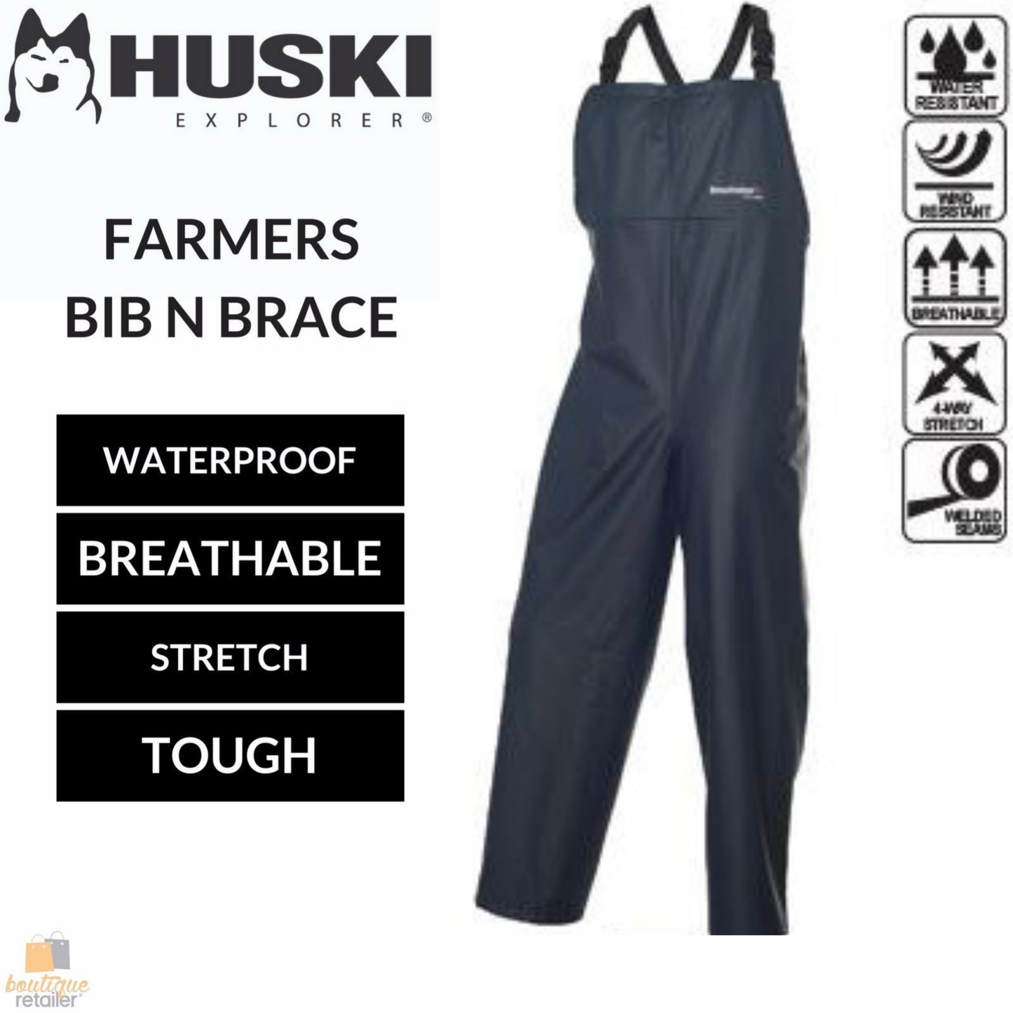 HUSKI OVERALLS Farmers Bib N Brace Waterproof Stretch Windproof Work - Navy - XS