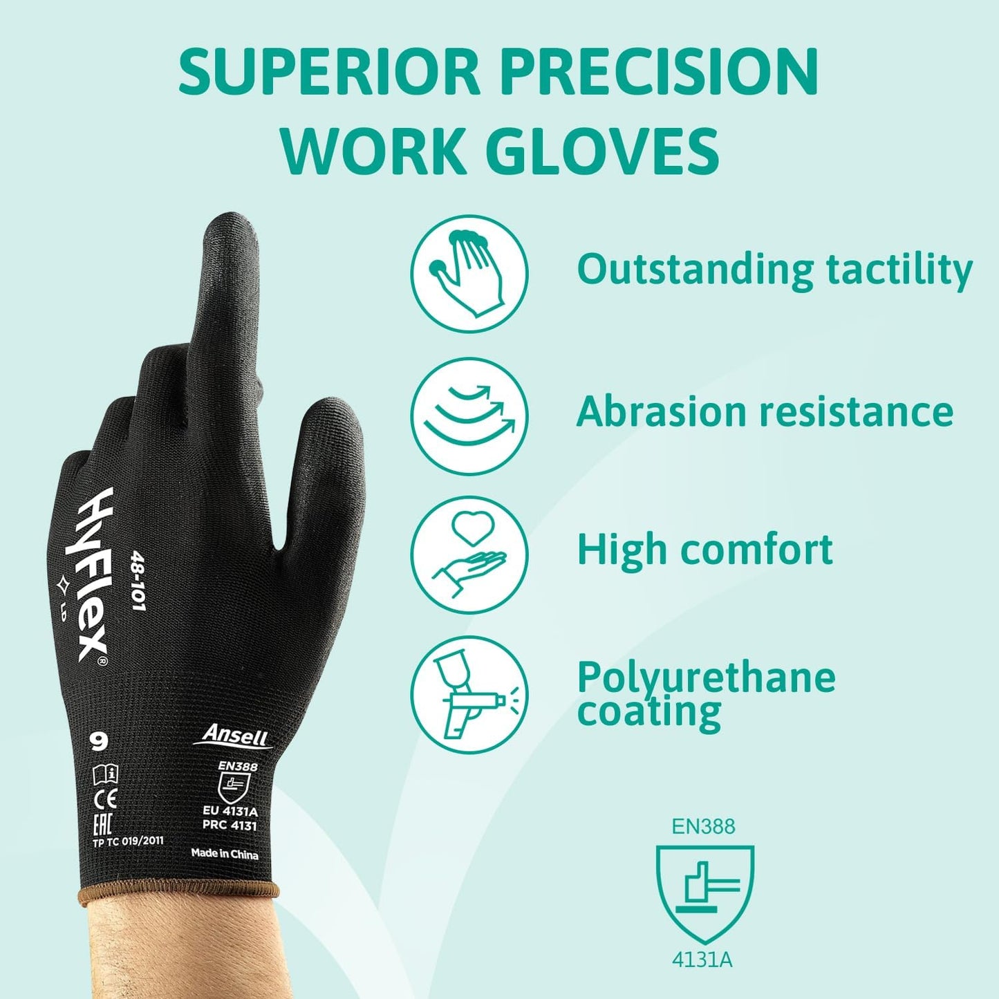 Hyflex 48-101 Thin Work Gloves, Stretch Fit Nylon Liner with Flexible PU Coating, Lightweight Safety Gloves for Precision Handling, DIY and Mechanics, Black, Size L (12 Pairs)