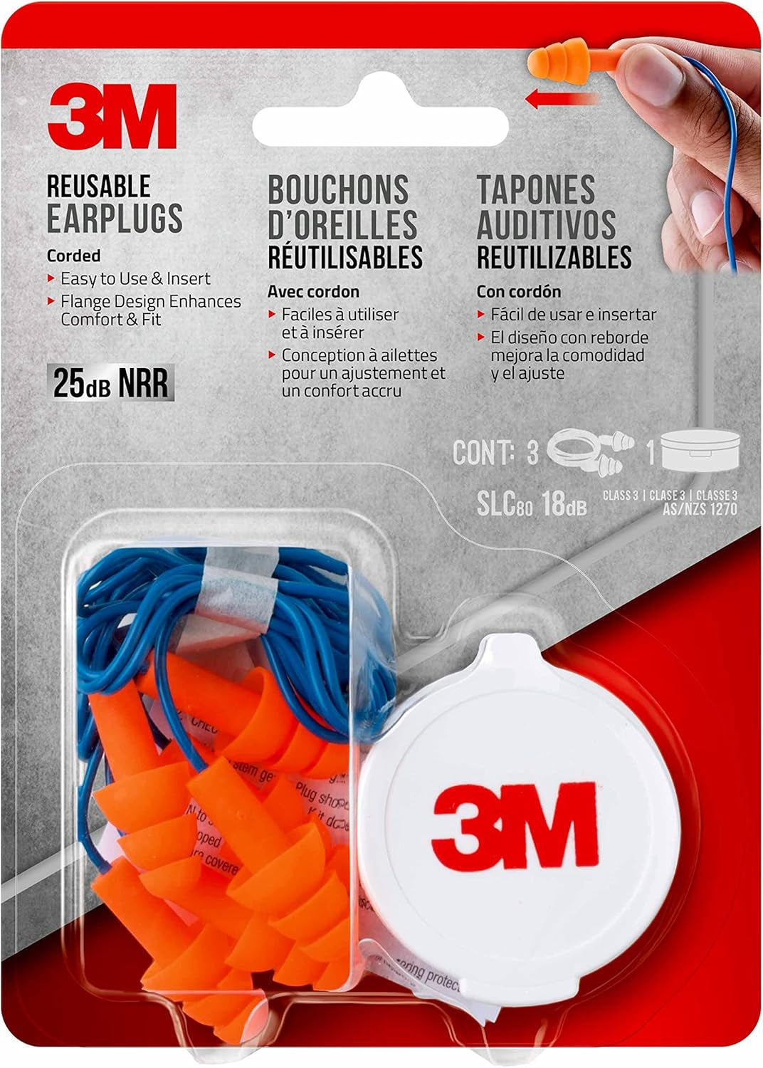 90716-80025T Corded Reusable Earplug, 3-Pair with Case