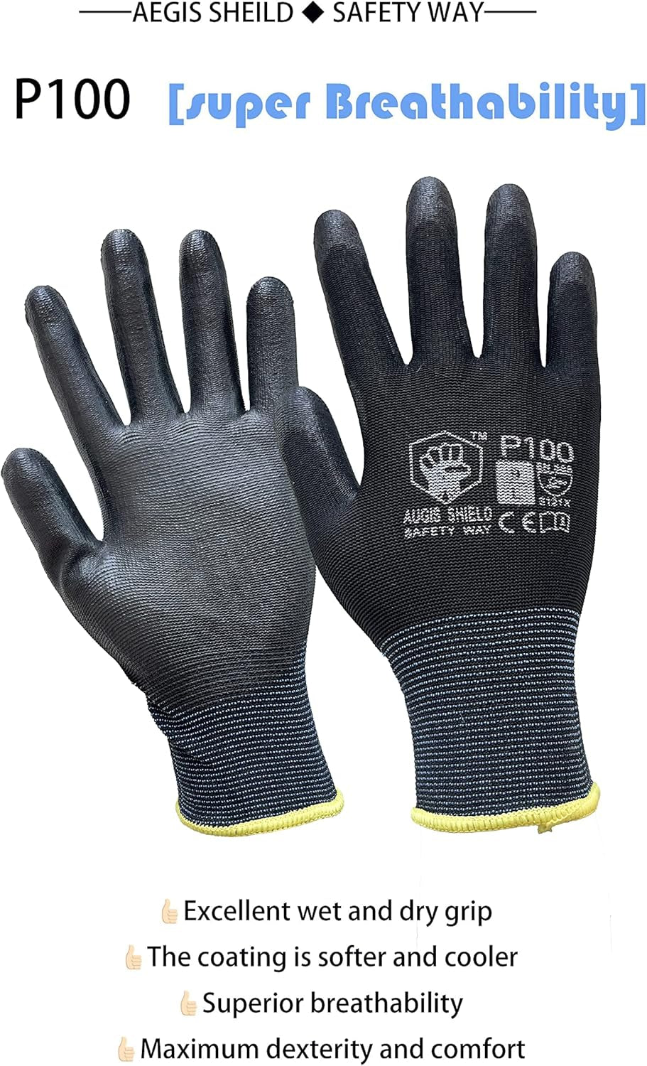 P-100 PU Coated Work Safety Gloves General Purpose Mechanic Hand Protection 12 PAIRS