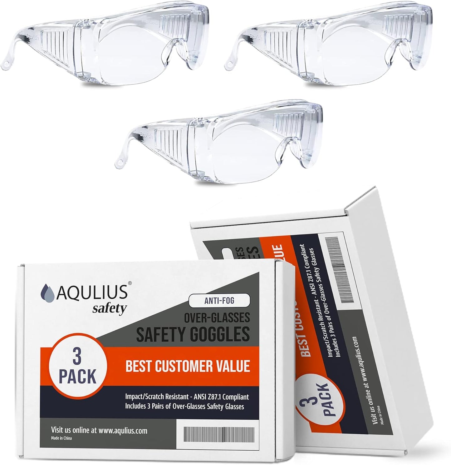 3 Pack Safety Glasses over Eyeglasses (Anti-Fog & Scratch Resistant) Crystal Clear Eye Protection - OTG Safety Goggles