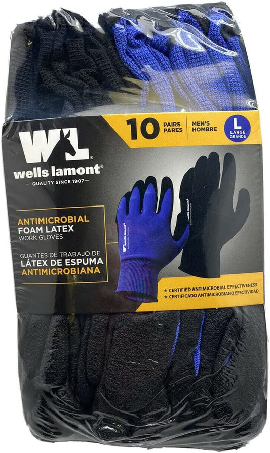 Men'S Antimicrobial Work Gloves Foam Latex Coating Knit Liner Black/Blue -10 Pairs Large